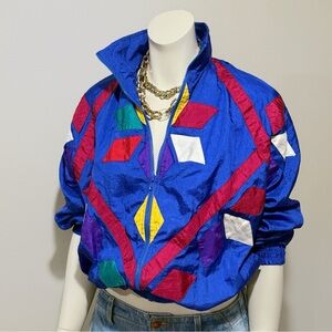 Vintage 80’s Geometric Windbreaker Colorful Blue Women’s Zip Up Size Small